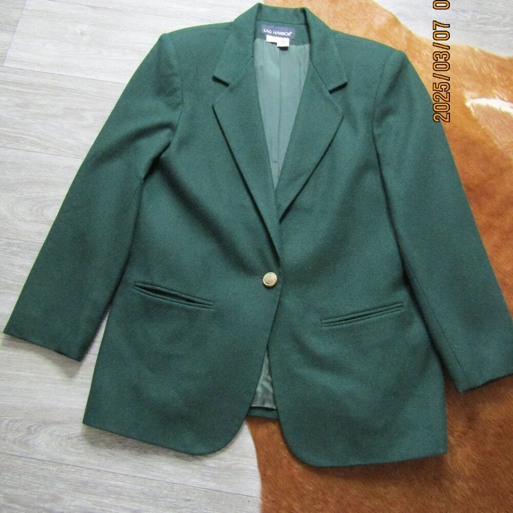 Vintage Sag Harbor Blazer 100%Pure Wool Green 12 Single Gold Button Satin Lining